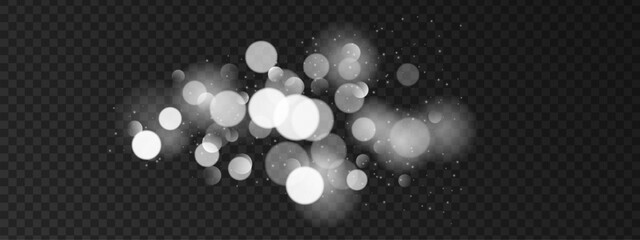 Fototapeta premium White bokeh background with glowing light effects and sparkling particles. Magical glitter dust creates festive shimmer with bright confetti and soft blur texture overlay.