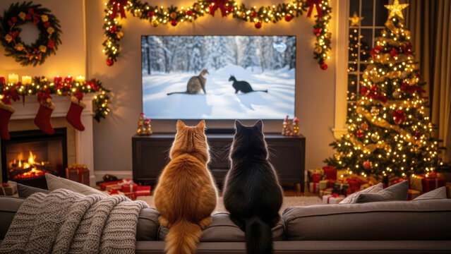 Cozy Christmas decorated living room with two cats watching TV. Festive winter moment. Perfect for greeting card.	
