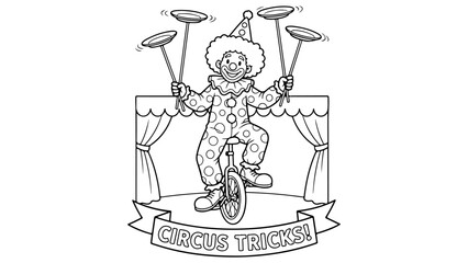 black and white line art of a clown juggling with four plates and on cycling on unicycle on the stage