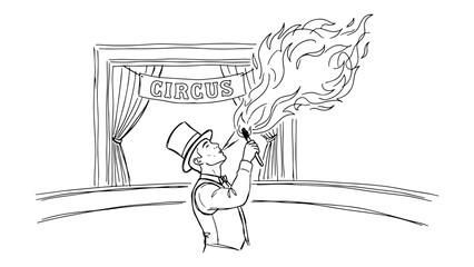 circus person doing flame breathing on the stage on the background there is written circus