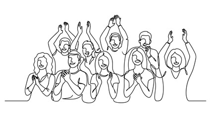 line art of a crowd of happy young people applausing vector illustration