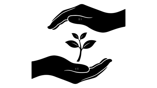 sprout in human hand getting protected with second hand from above black and white vector illustrations