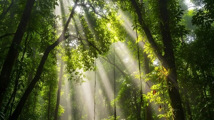 Ethereal sunlight rays filtering through the dense green canopy of a tropical rainforest