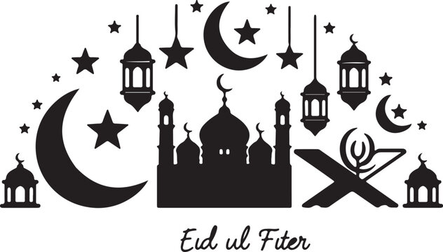 Black and white of mosque with crescent moons stars lanterns and Eid ul Fiter text