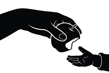 Fototapeta premium Adult hand giving bitten apple to child hand silhouette concept for charity sharing food and hunger relief awareness
