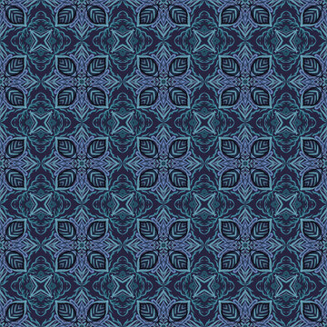 Seamless blue ethnic geometric pattern with symmetrical ornamental motifs, abstract tribal design inspired by Native American and Aztec art, ideal for textile, fabric, wallpaper and surface decoration