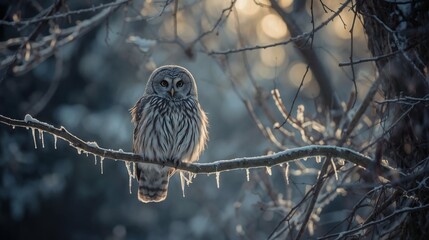 The Owl's Perch: A serene owl perches gracefully on a frosty branch in a winter wonderland, its keen eyes fixed in the distance, bathed in the soft glow of the morning sun.