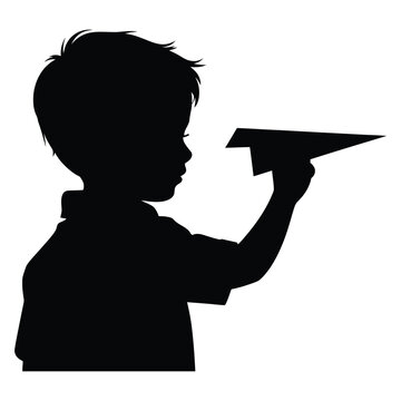 Silhouette of Little Boy Holding Paper Air Plane Profile Illustration Vector