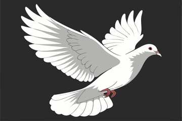 Obraz premium white dove in flight, wings spread, black background, high contrast, detailed feathers, graceful pose, symbol of peace, majestic bird, side view, red leg band, ethereal lighting, photorealistic, 4K