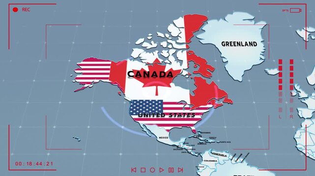 A stylized North America map showing Canada and the United States filled with their national flags, with Greenland and circle interface, animation