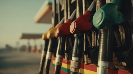 Multiple colored fuel dispensing nozzles hang ready for use at an outdoor service station