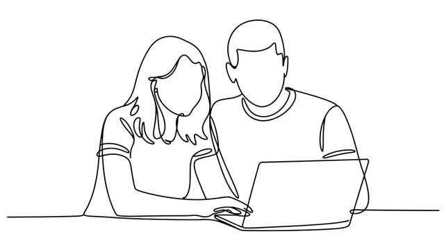 Continuous line drawing of two people collaborating and working together on a laptop