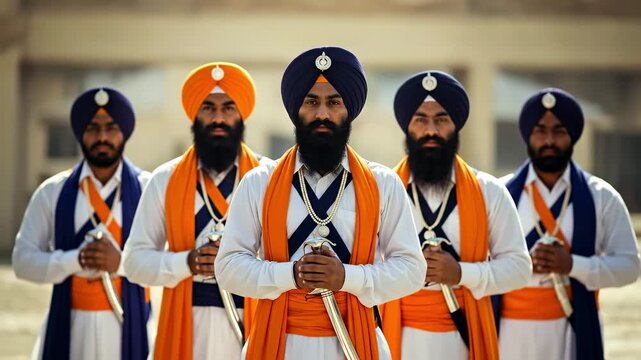 A group of five male Sikhs, dressed in traditional attire with turbans and swords, stand confidently together in a ceremonial setting, showcasing cultural heritage and valor.