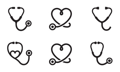 Set of six vector stethoscope icons medical instrument black silhouette collection different designs healthcare