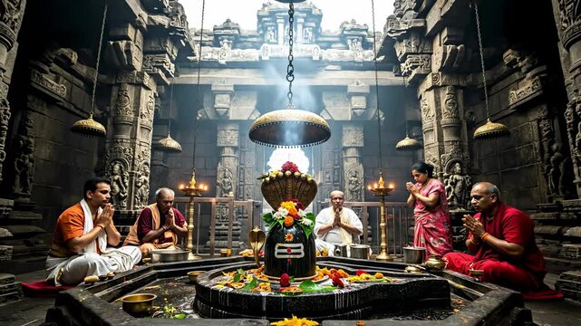 Devotees Engaged in Prayer and Rituals at a Sacred Hindu Temple, Featuring a Shiv Ling Surrounded by Flowers, Offerings, and Idols in an Ornate Stone Environment