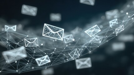Digital Illustration of Email Messages Traveling Through a Network in a Futuristic Style