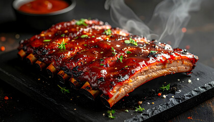 Succulent American barbecue pork ribs, generously coated in a shimmering sticky glaze, emitting appetizing smoke, presented with dramatic lighting on a dark background