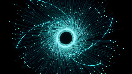 Abstract blue glowing spiral vortex on black background.