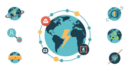 Flat Earth Illustration with Lightning Bolt and Surrounding Elements. © Abang