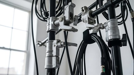 Industrial equipment with cables and connectors in a studio setting