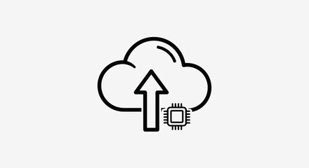 Simple Black and White Cloud Upload Icon with Processor.