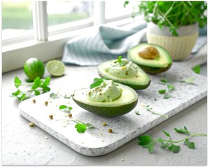 Creamy avocado halves filled with fresh guacamole topping, presented on a textured stone board with parsley and lime.