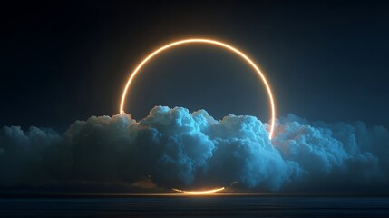 Obraz premium Glowing orange ring appears suspended above dramatic, dark clouds over a reflective surface