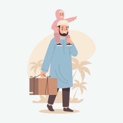 A Muslim Father Carrying His Daughter On His Shoulders