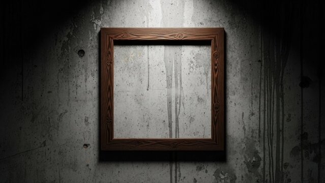 Empty wooden picture frame on dark concrete wall with spotlight - Powered by Adobe