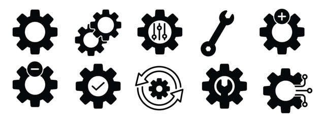 Gear setting icon set in line style, containing cogwheel for configuration, repair,  process and setup tool, maintenance symbol, vector illustration