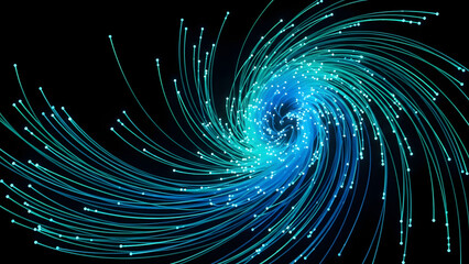 Abstract blue swirling spiral pattern on black background.