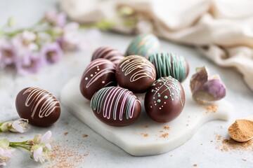 Festive Easter chocolate truffles featuring bright colors and detailed icing designs, ideal for confectionery branding and spring celebrations.