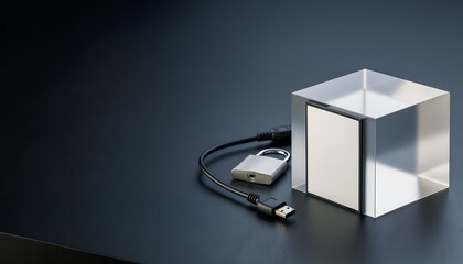 Secure data vault concept with locked external storage device and USB cable on dark desk with copy space