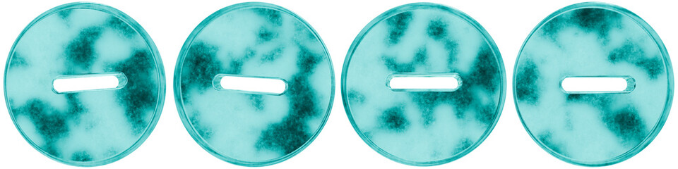 Set of four 3D mathematics sign minus round shapes in frosted blue ice glass style, isolated on a transparent background. Glassmorphism icons and 3D elements for modern graphic design.