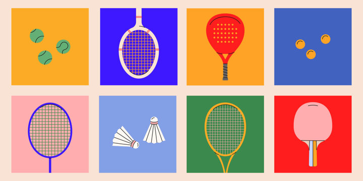 Сolorful seamless tennis,padel,badminton,ping pong rackets and balls pattern.Tennis equipment repeat cover ornament,wallpapers,wrapping paper.Hand drawn sport fitness concept.Vector illustration EPS10