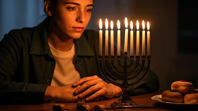A Young Jewish Woman in Contemplation Before a Menorah During Hanukkah, Surrounded by Dreidels and Traditional Food