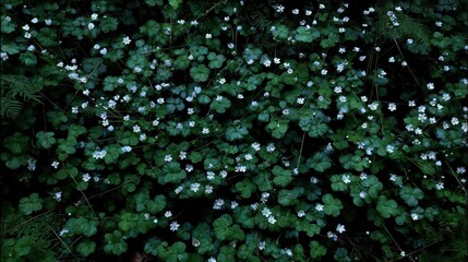 Abundant small white wildflowers bloom across a dense carpet of dark green foliage