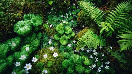 Lush green undergrowth displays vibrant foliage and scattered small white blossoms viewed from above.