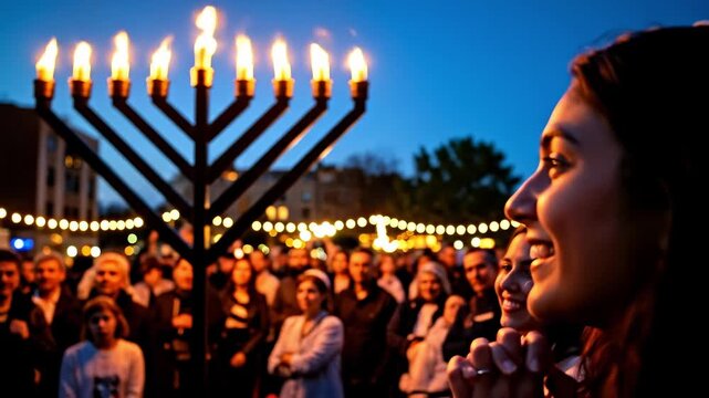 Gathering of Observant Individuals Celebrating Hanukkah at Dusk with a Traditional Menorah Illuminated by Flames and a Crowd of Diverse Onlookers