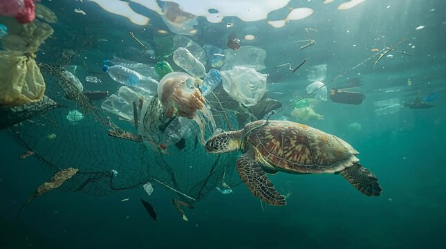 Ocean pollution impacts sea turtle and jellyfish in plastic-filled waters, environmental crisis, plastic.