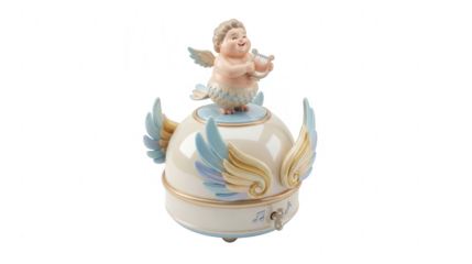 Whimsical music box with cherub figurine kinara 3d art decorative home item playful atmosphere close-up view