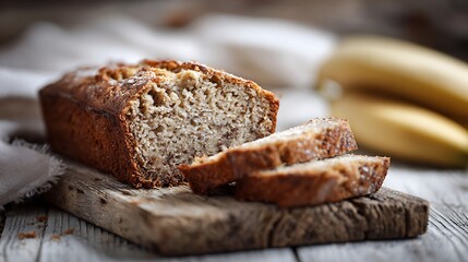 Banana Bread Loaf with Slices on Wood