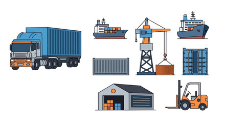 Fototapeta premium Collection of shipping and logistics elements including truck ships crane containers warehouse and forklift.
