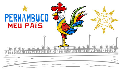 Colorful illustration of the iconic "Galo da Madrugada," symbol of Pernambuco's Carnival. Celebrating Brazilian culture and traditions.