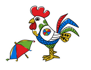 Colorful illustration of the iconic "Galo da Madrugada," symbol of Pernambuco's Carnival with umbrella. Celebrating Brazilian culture and traditions.