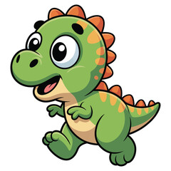 Obraz premium A cheerful green baby dinosaur happily running with a big smile and vibrant orange spikes.