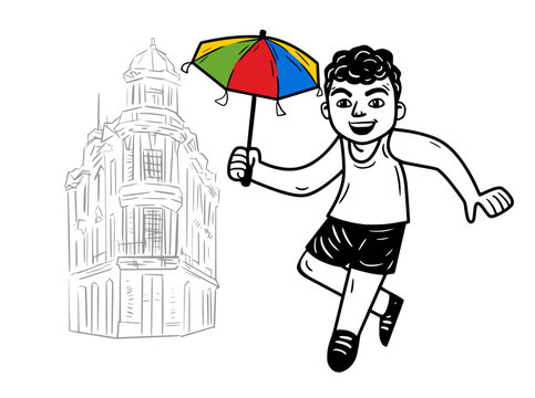 Man dancing Frevo with a colorful umbrella and historic buildings in the background. Celebrating Brazilian Carnival with vibrant energy and cultural heritage.