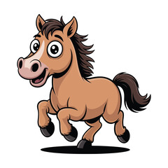 A cheerful brown cartoon horse is running forward with a big friendly smile on its face.