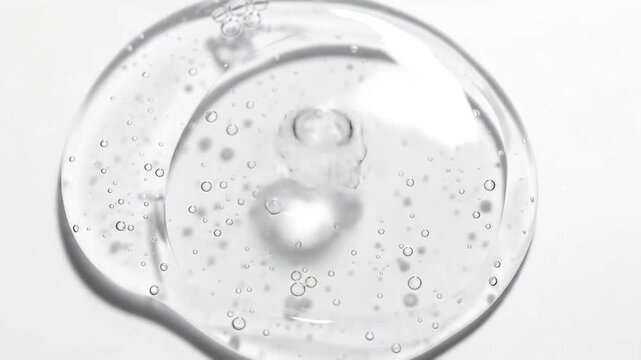 Clear gel serum drop with bubbles on a white background, close-up shot.
