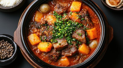 Hearty stew in a dark ceramic pot, filled with meat, potatoes, carrots, and topped with fresh herbs and sesame seeds